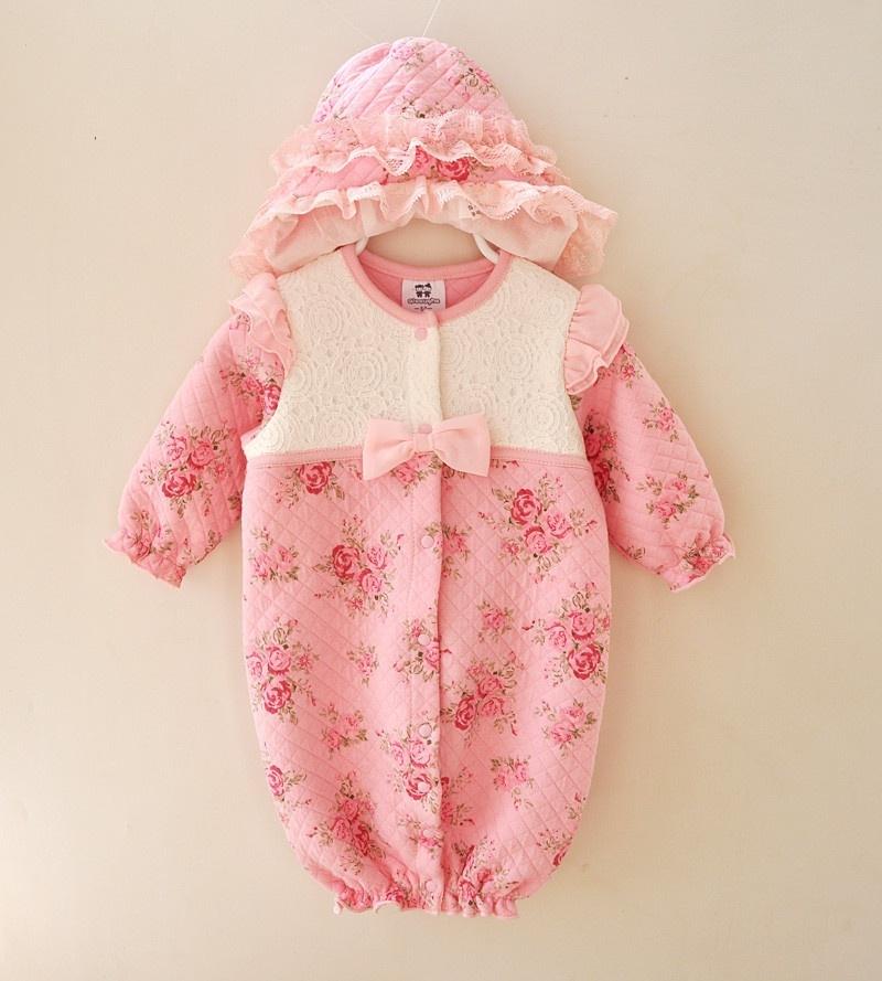 Winter Neugeborenen Baby Mädchen Kleidung Verdickt Floral Prinzessin Overall Kleidung Sets Strampler + Hüte 0-3m rosa