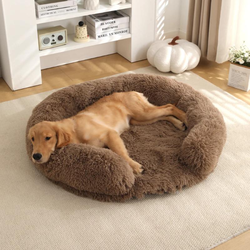 Neues rundes Plüsch-Haustierbett, winterwarm, mit langem Fell, Hund-Katzen-Bett, gemütliche weiche Schlafmatte, Kissen für kleine und mittelgroße Hunde, Katzen, Welpen, Kätzchen, Heimzubehör 60CM khaki