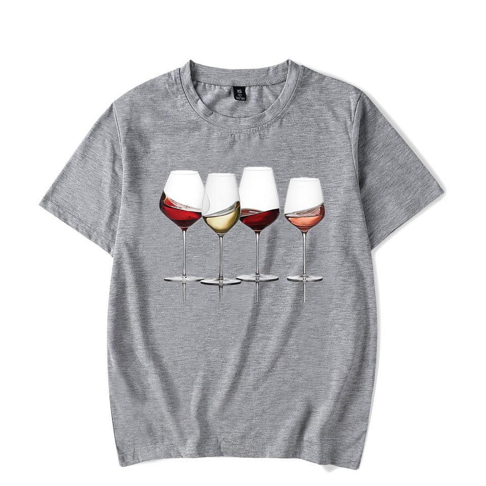 T-Shirts mit Weindruck für Damen, Sommer, lässige T-Shirts mit Rundhalsausschnitt, kurzärmelige T-Shirts, modisches T-Shirt XL grau