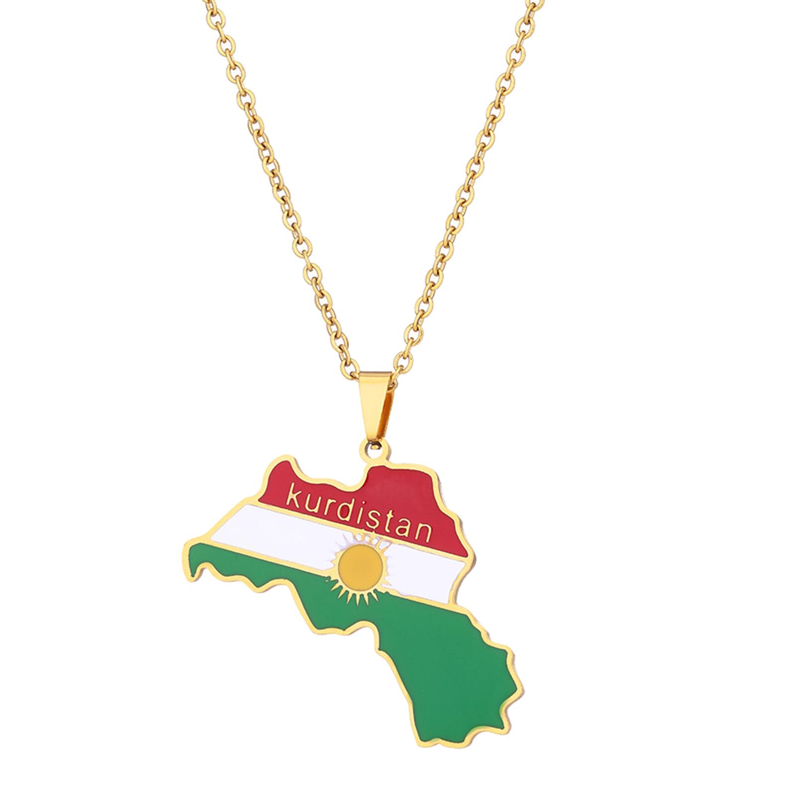 Kurdistan Karten Halskette für Damen Herren Ketten Gold Silber Kurdistan Fahne Karten Anhänger Halskette Edelstahl Schmuck gold