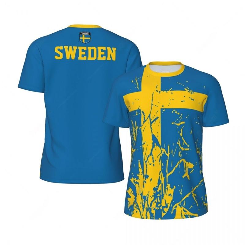 Schweden Fußball T-Shirt Für Männer 3D Gedrucktes Lockeres T-Shirt Mode Kurzarm Rundhals T-Shirts Tops Sommer Sport Fußball T-Shirts 6XL