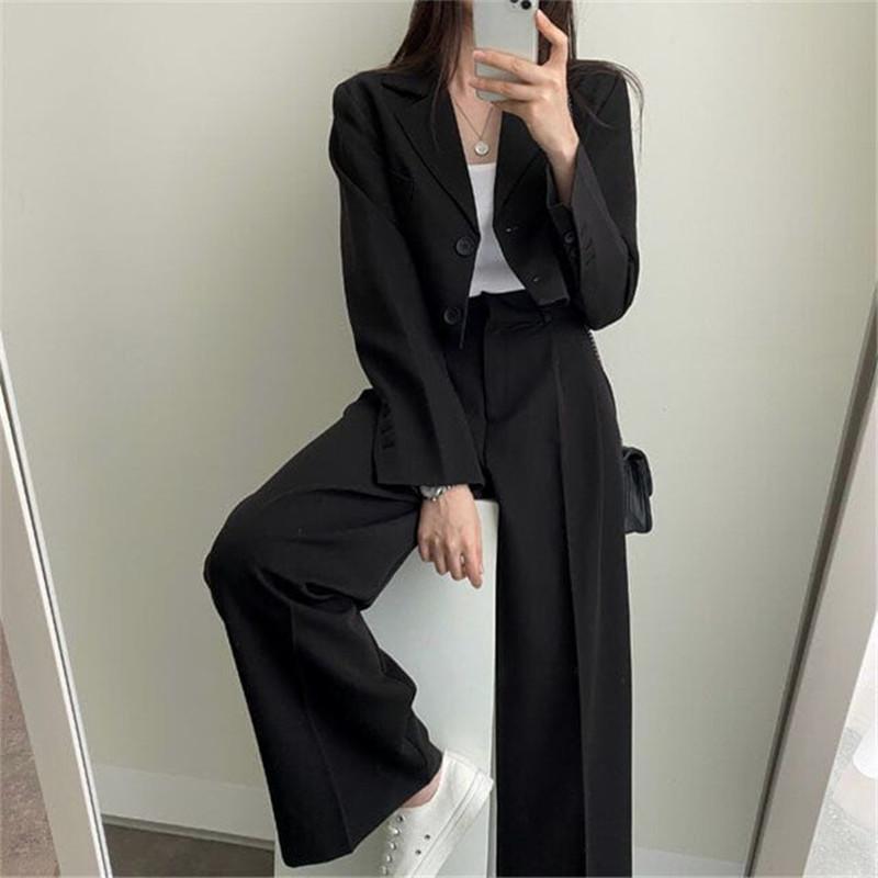 Damen Business Arbeits Blazer Set Langarm Cropped Blazer Bleistifthose Anzug Bürodame Zweiteiliges Set Trainingsanzüge Lässige Outfits XS schwarz