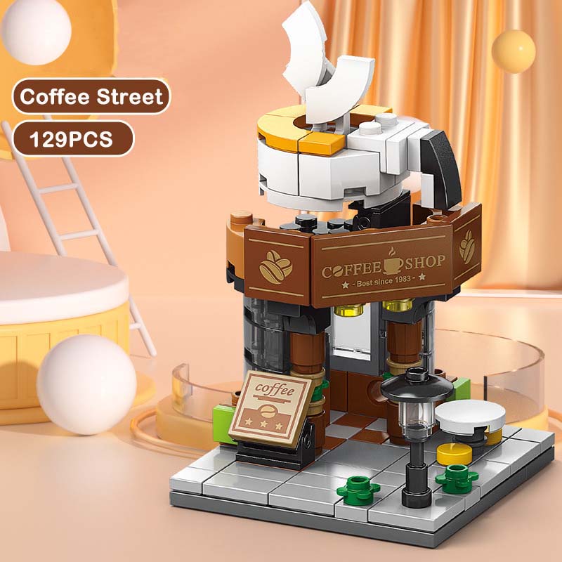Coca-Cola Street View zusammengebautes Blockpuzzle Stadtgebäudemodell Geschenkspielzeug für Kinder Coffee shop-129Pcs