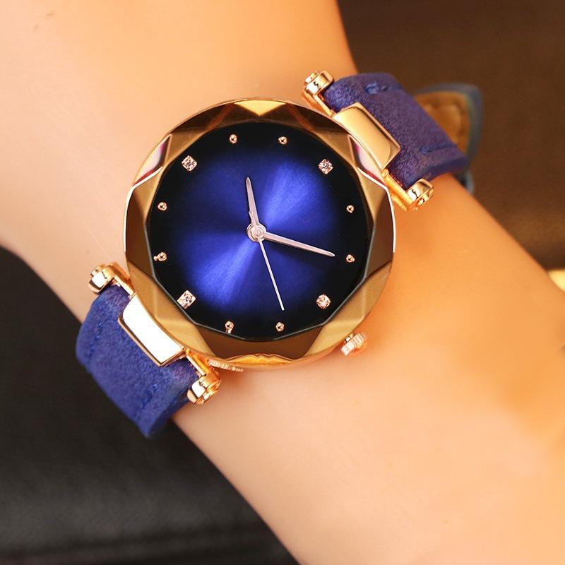 Damen-Luxus-Kristalluhren, elegante Damen-Quarz-Armbanduhr, Pu-Lederuhr, Geschenke blau