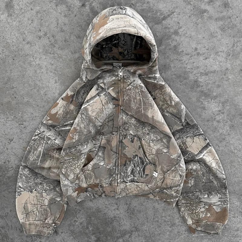 Retro Zip Up Hoodie Männer Camouflage Muster Zipper Sweatshirt High Street Hip Hop Streetwear Übergroßen Unisex Camo Hoodie S grau