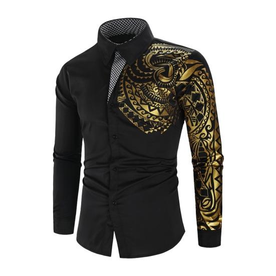Männer Hemd Drehen-unten Kragen Langarm einreiher Plaid Retro Druck Lose Fit Strickjacke Mittlere Länge Männer formale Business Top 3XL schwarz