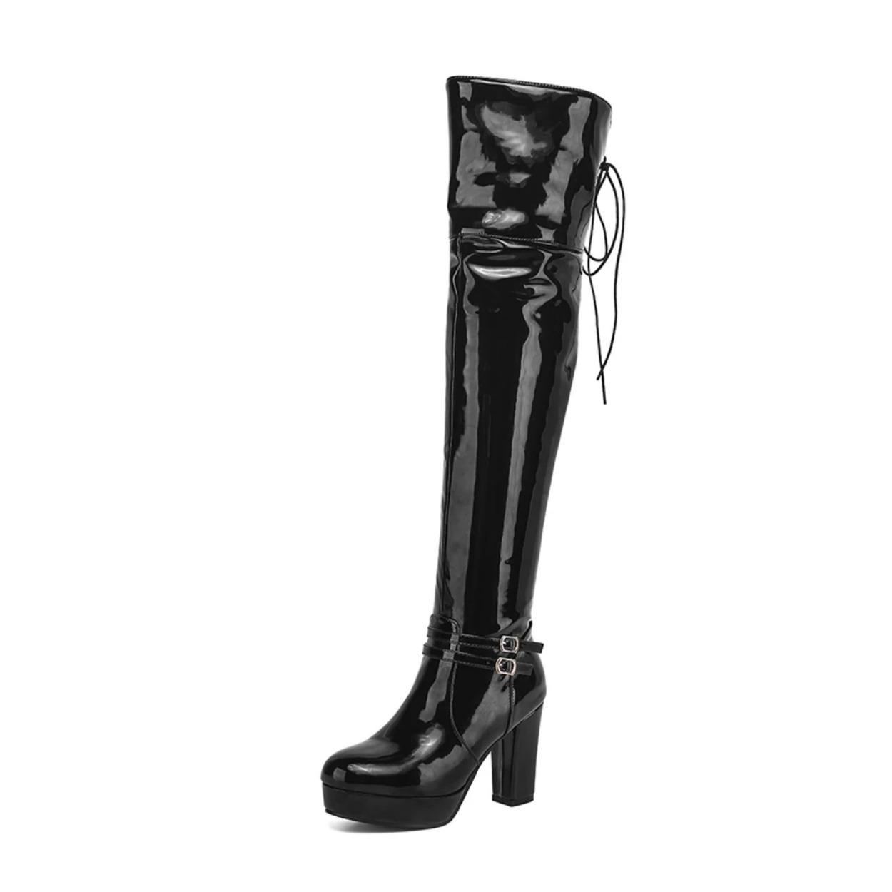 Damen Stiefel mit runder Spitze, Plateau-Stiefel, Overknee-Stiefel, Damen Sexy High Heels, Lackleder, Langschaftstiefel, Frau 2025 Winterschuhe 42 schwarz