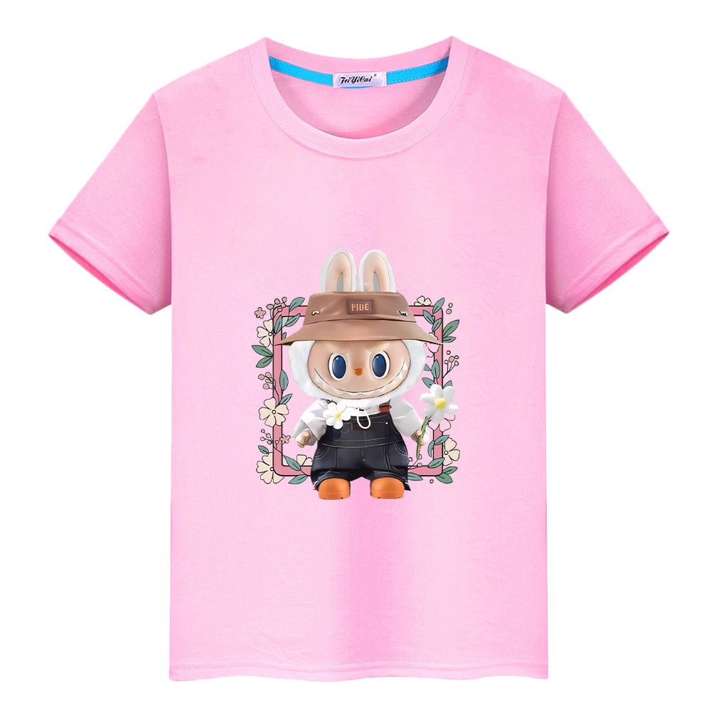 labubu 100% Baumwolle T-Shirt für Kinder Jungen 10 Jahre Kawaii Oberteile Anime Kurz Pride T-Shirt Y2K Kinderkleidung Mädchen Kleinkind Mädchen Kleidung 150 rosa