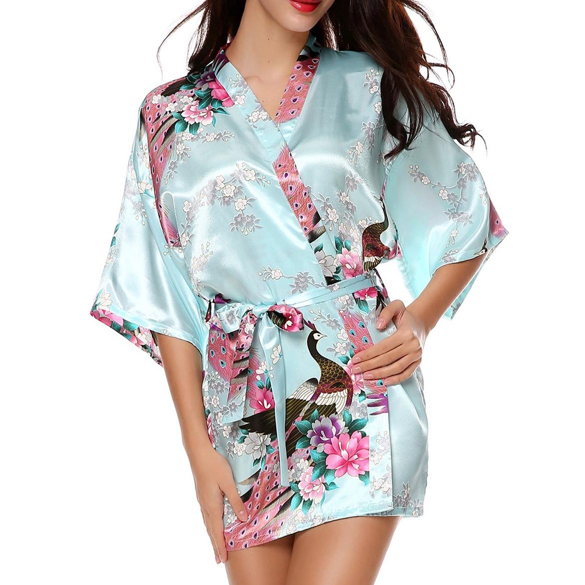 Seide Royal Floral Frauen Robe Sexy Hochzeitskleid Nachtwäsche Nachthemd Kimono Bademantel M hellblaue