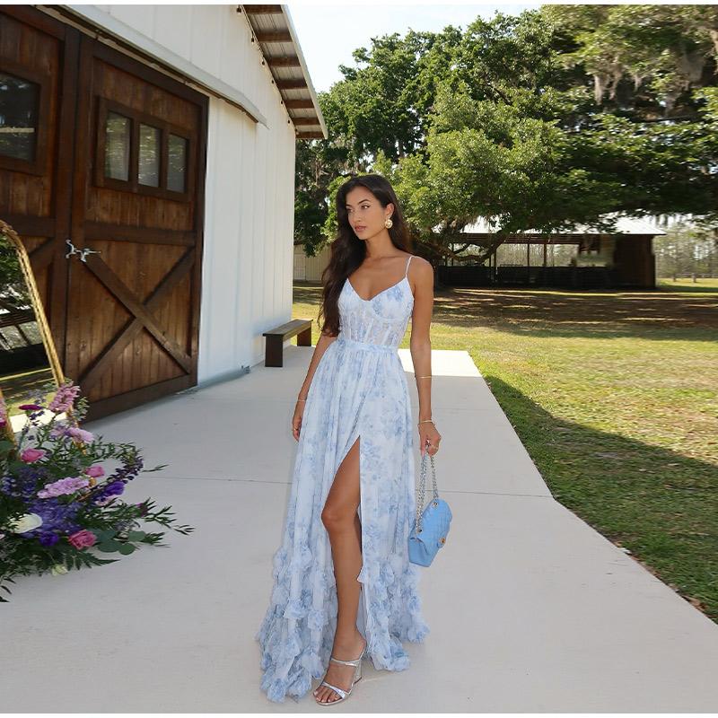 Damen Spaghetti-Träger Blumen Taillenbetonendes Schlitzkleid für Strandreisen Sommer Neues Outfit Taillenbetonend Temperament Lang Damenkleider XL blau