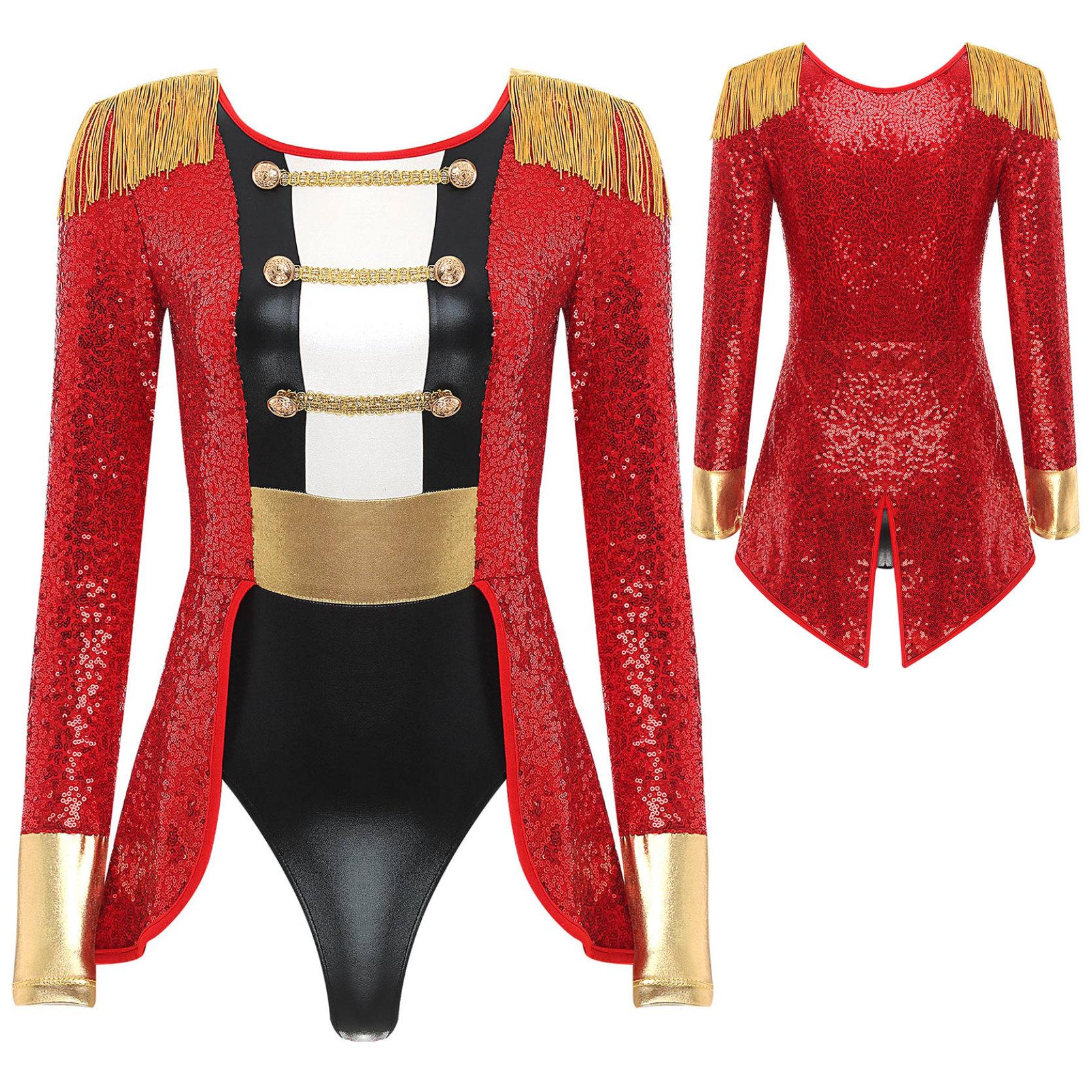 Damen Circus Ringmaster Cosplay Body Langarm Allover Pailletten Schwanz Overall Halloween Festival Kostüme 4XL rot