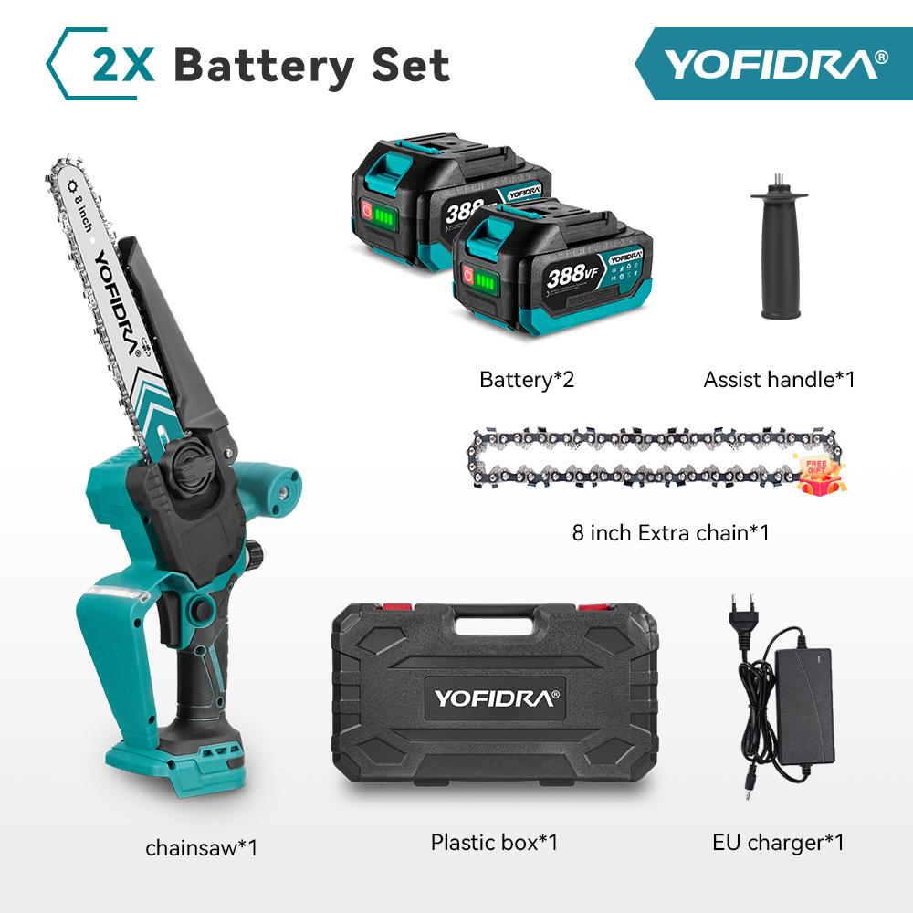 YOFIDRA 8-Zoll 4500W Bürstenlose Elektrische Astsäge Akku-Kettensäge für Holzarbeiten Kompatibel mit Makita 18V-21V Akku 2 Battery EU Plug