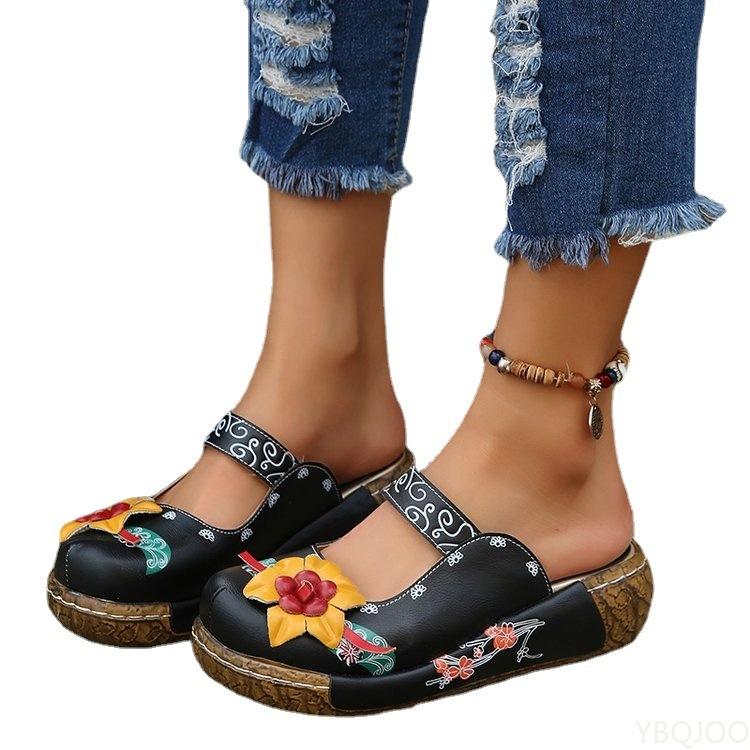Damen Sommerschuhe Neue Komfort Römische Plateausandalen Damen Blume Rutschfeste Plus Size Baotou Wedge Damen Hausschuhe 39 schwarz