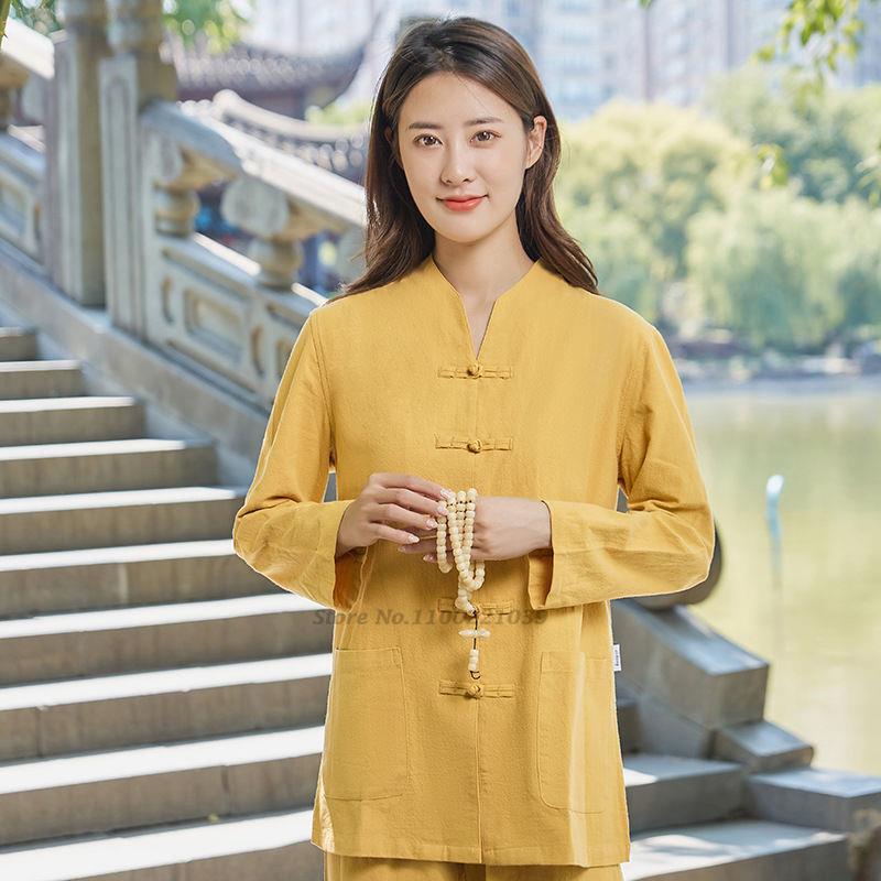 Chinesische Kung Fu Tai Chi Kleidung Kampfsport Wushu Uniform Baumwolle Oberteile+Hosen Set Tai Chi Yoga Sport Übungsanzug S dunkel gelb