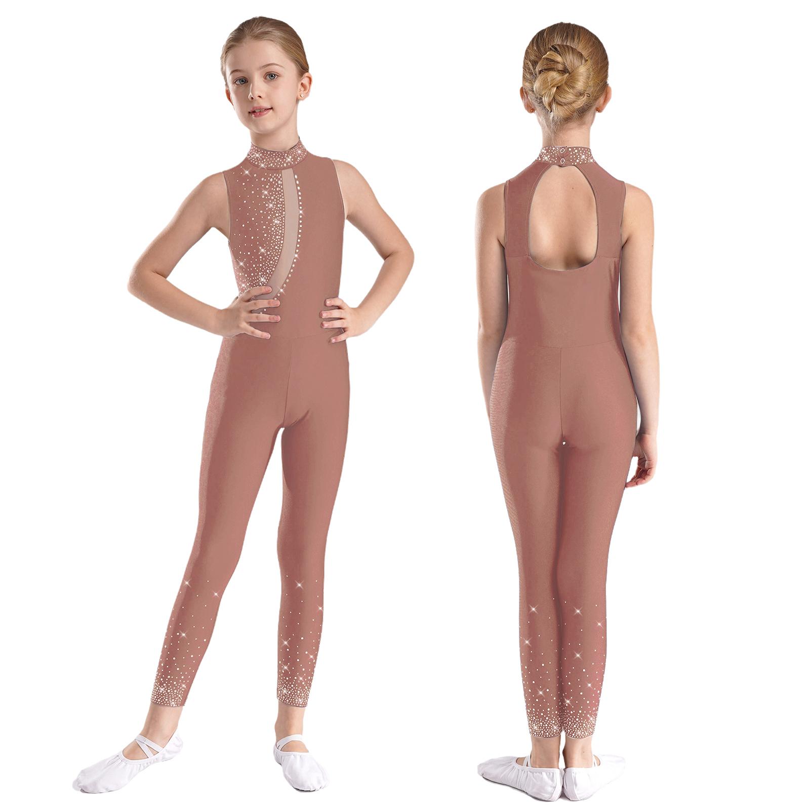 Kinder Mädchen Ärmelloser Eiskunstlauf Ganzkörperanzug Jumpsuit Ballett Tanz Gymnastik Turnanzug Tank Strass Tank Unitard Kostüm 9-10 Years rosa