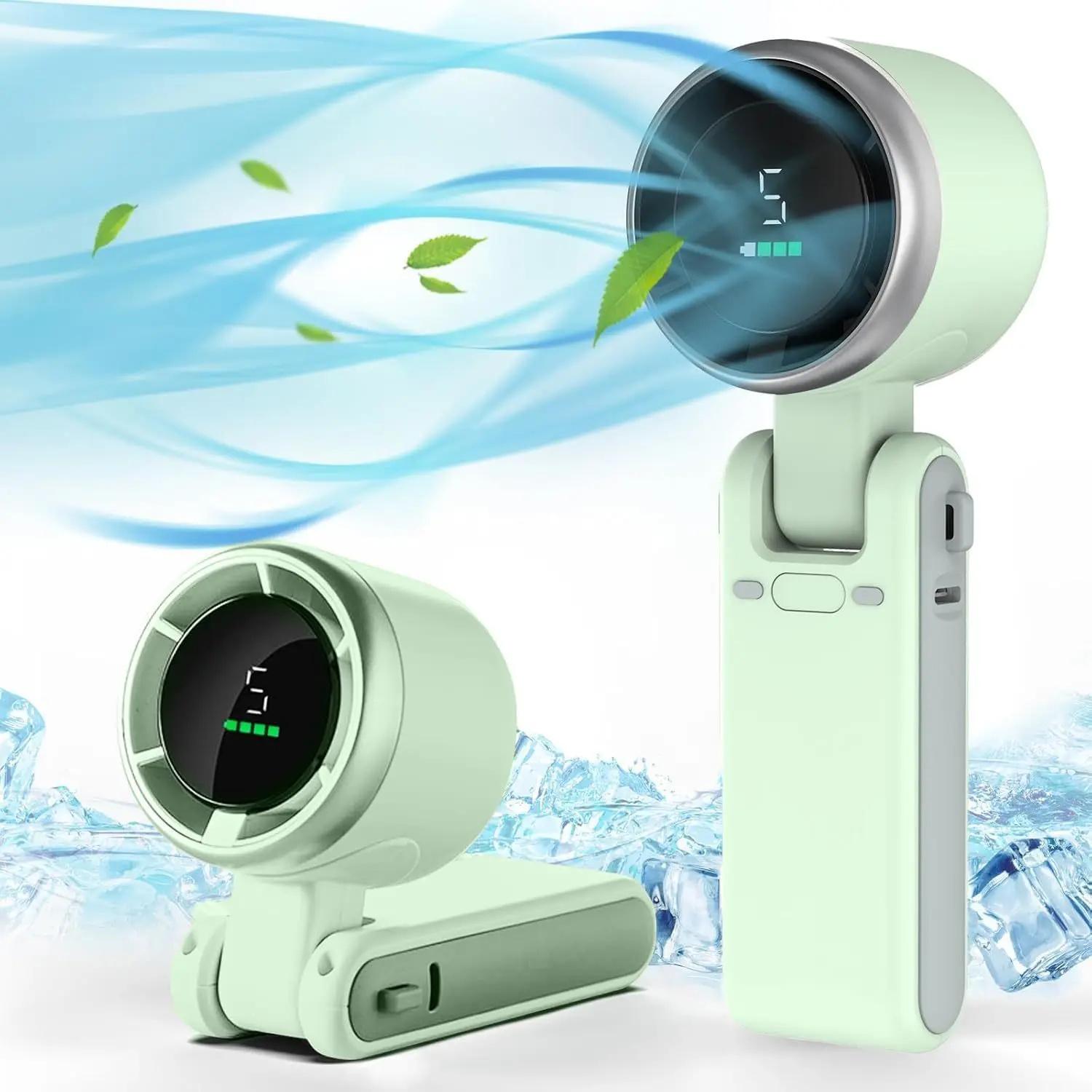 Mini tragbarer Handventilator mit LED-Anzeige, 150° faltbar 3-in-1 Ventilator, 5 Geschwindigkeiten 3600mAh Hand-/Schreibtisch-/Nacken-Multifunktions-Personal-Ventilator Green