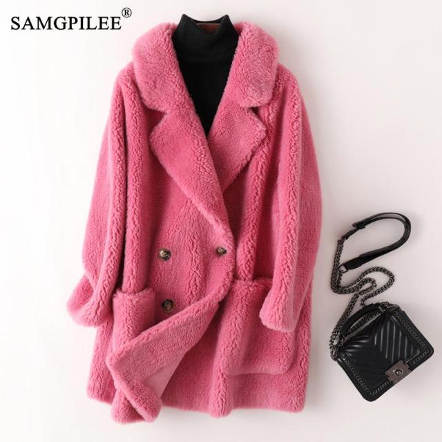 Echter Pelzmantel, hochwertige australische Damen-Wollmäntel, dick, warm, elegant, locker, lang, Oberbekleidung, Wintermantel für Frauen S rose rosa