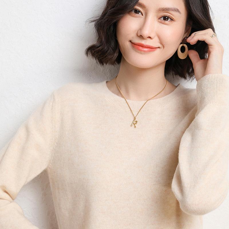 Frühling und Herbst Damen Pullover Pullover Strickpullover Rundhals Langarm Pullover Bottom Shirt Einfarbiger Pullover L beige