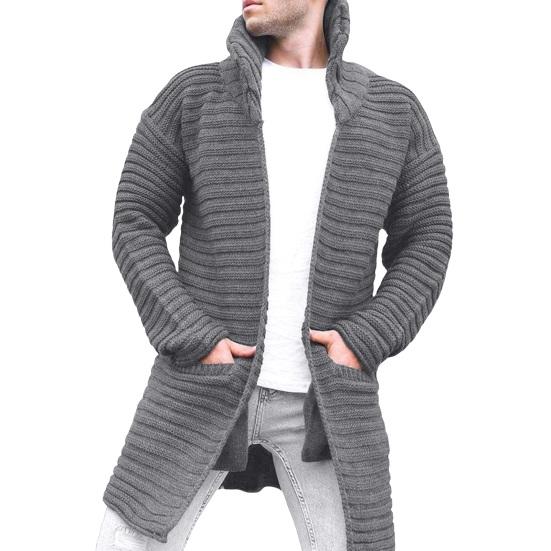 Herren Strickjacke Mantel Strick Stehkragen Lange Ärmel Warme Taschen Pullover Mantel Mittellang XL grau