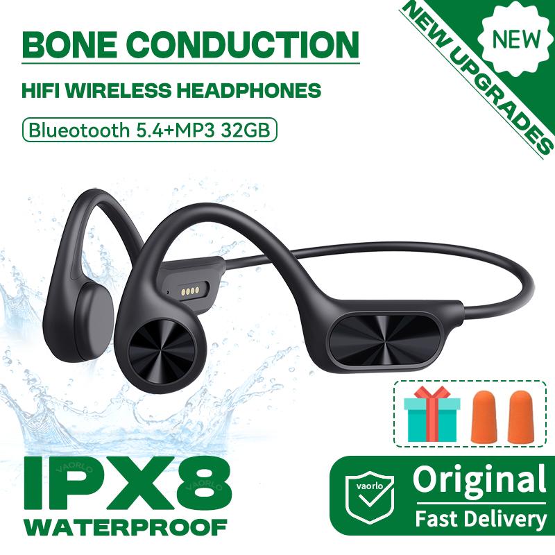 IPX8 Wasserdichter Knochenleitungs-Kopfhörer, kabelloser Bluetooth-Kopfhörer, 5,4 + 32 GB RAM, MP3-Player, HIFI-Musik, Sport-Schwimm-Headset mit Mikrofon Black 32GB