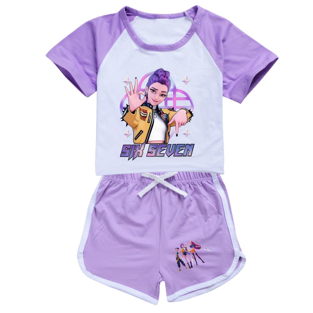 5232 Kinder Mädchen POP Rumi Zoey Mira Print T-Shirt Shorts Sport Trainingsanzug Kleider Set 170cm violett