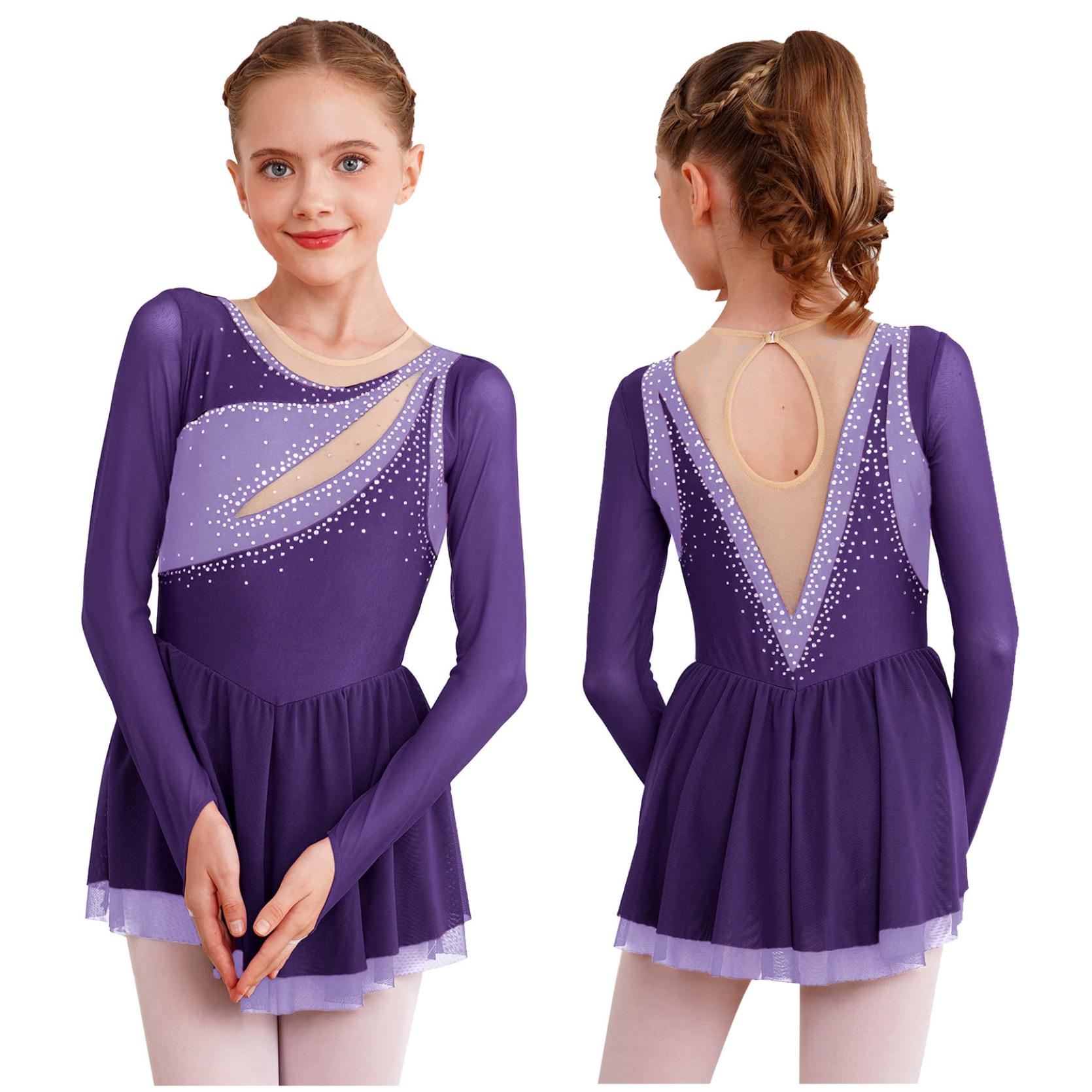 Kinder Mädchen Farbblock-Tanzkleid mit glitzernden Strasssteinen, durchsichtiges Netz, langärmlig, Schlüsselloch-Rückseite, Eiskunstlauf-Kleider 5-6 Years