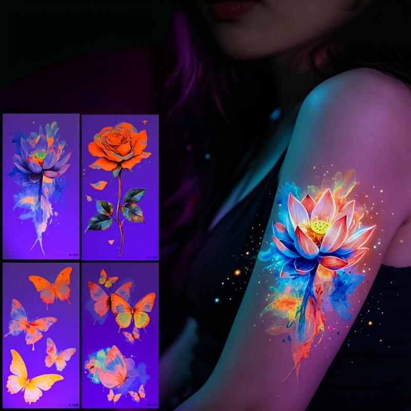 4 Stück leuchtende temporäre Tattoo-Aufkleber, wasserdicht, fluoreszierende Schmetterlingsblumen-Körperkunst für Nachtclub-Festivals 4pcs Tattoo Sticker purple