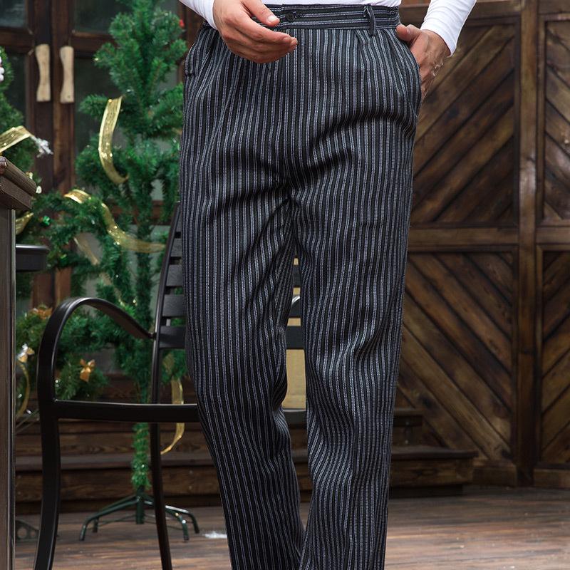 Herren Locker Geschnittene Baumwoll-Arbeitshose mit Geradem Bein - Gestreifte Küchen-Kellnerhose M/22 gray