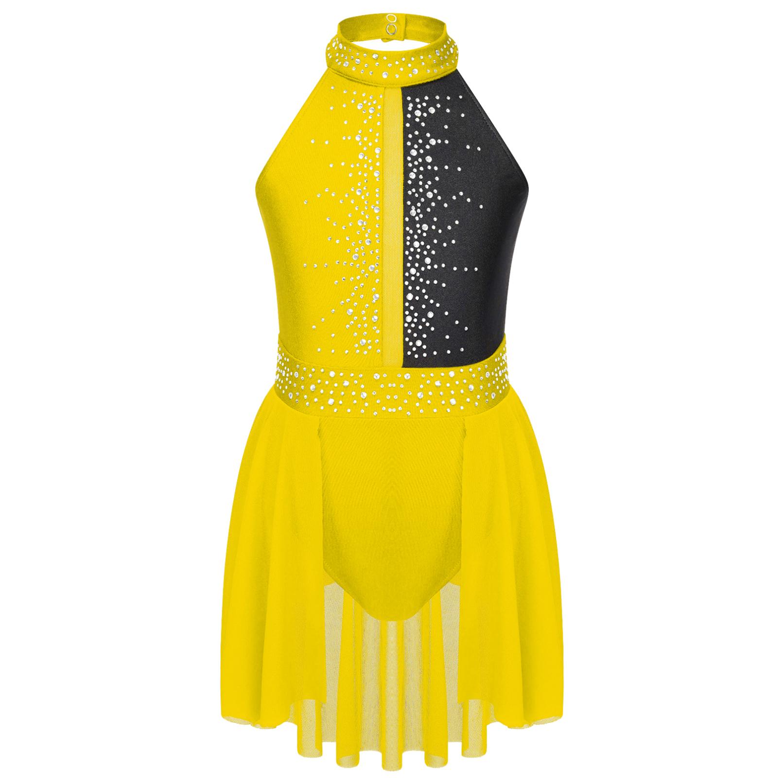 Kinder Mädchen Ballett Trikot Tutu Tanzkleid Ärmelloses Strass Lyrical Tanzkleid Ballerina Gymnastik Trikot Bühnenkostüm 13-14 Years gelb/schwarz
