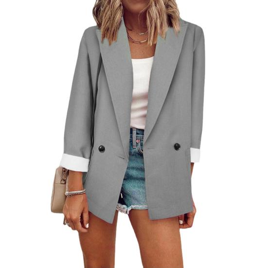 Einfarbiger, langärmeliger, großer Taschen-Einzelknopf-Büro-Blazer, modisches Revers, Büro-Anzugjacke, Arbeitskleidung M grau