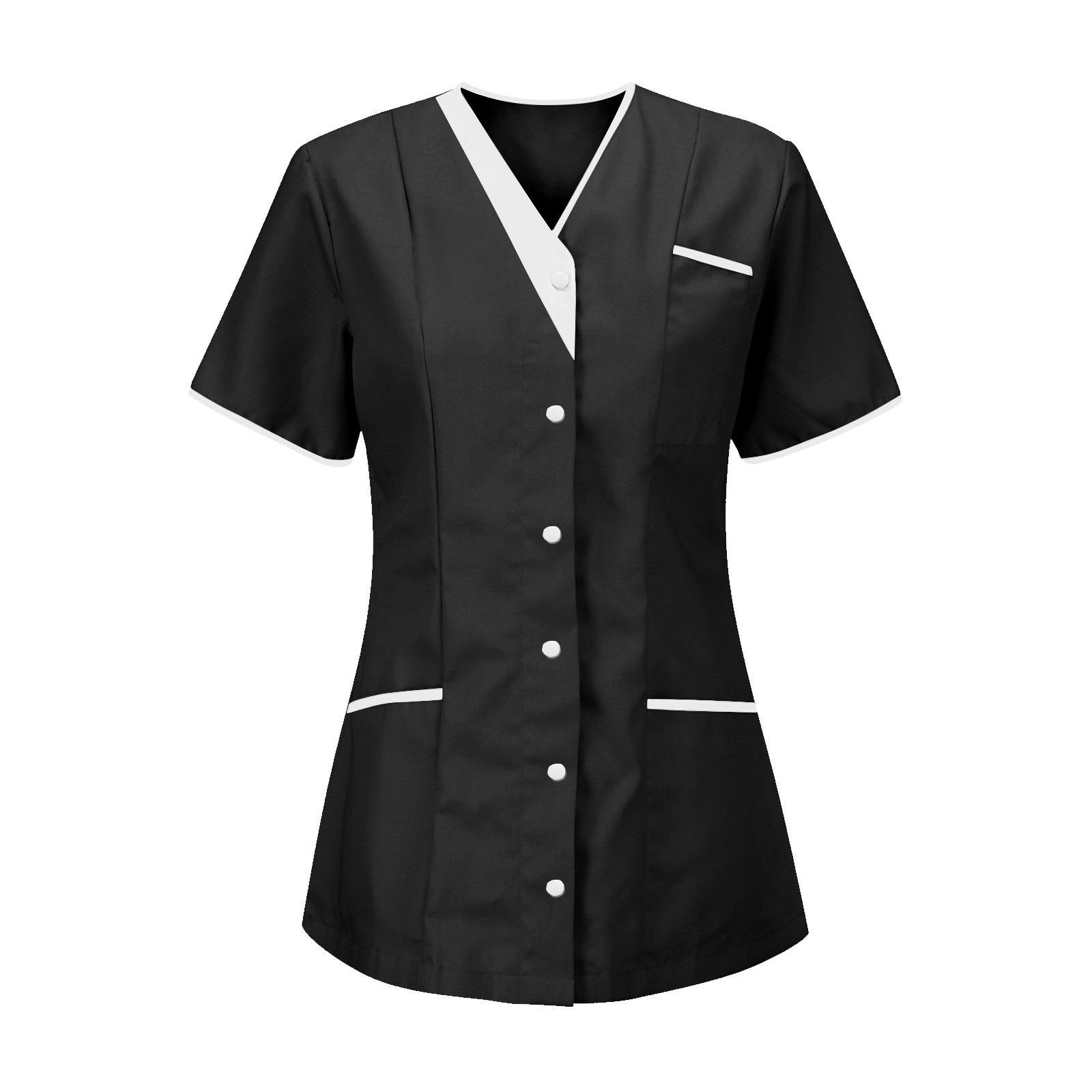 Damen Uniform Schnelltrocknendes Gewebe Einfarbig V-Ausschnitt Kurzärmlige Uniform XL schwarz