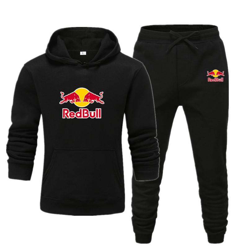 Red Bull Herren/Damen Sportbekleidungssets Frühling Herbst Marke Kapuzenpullover Freizeit Trainingsanzug Herren 2-teilig Kapuzenpullover + Hose Herren Kleidung S schwarz