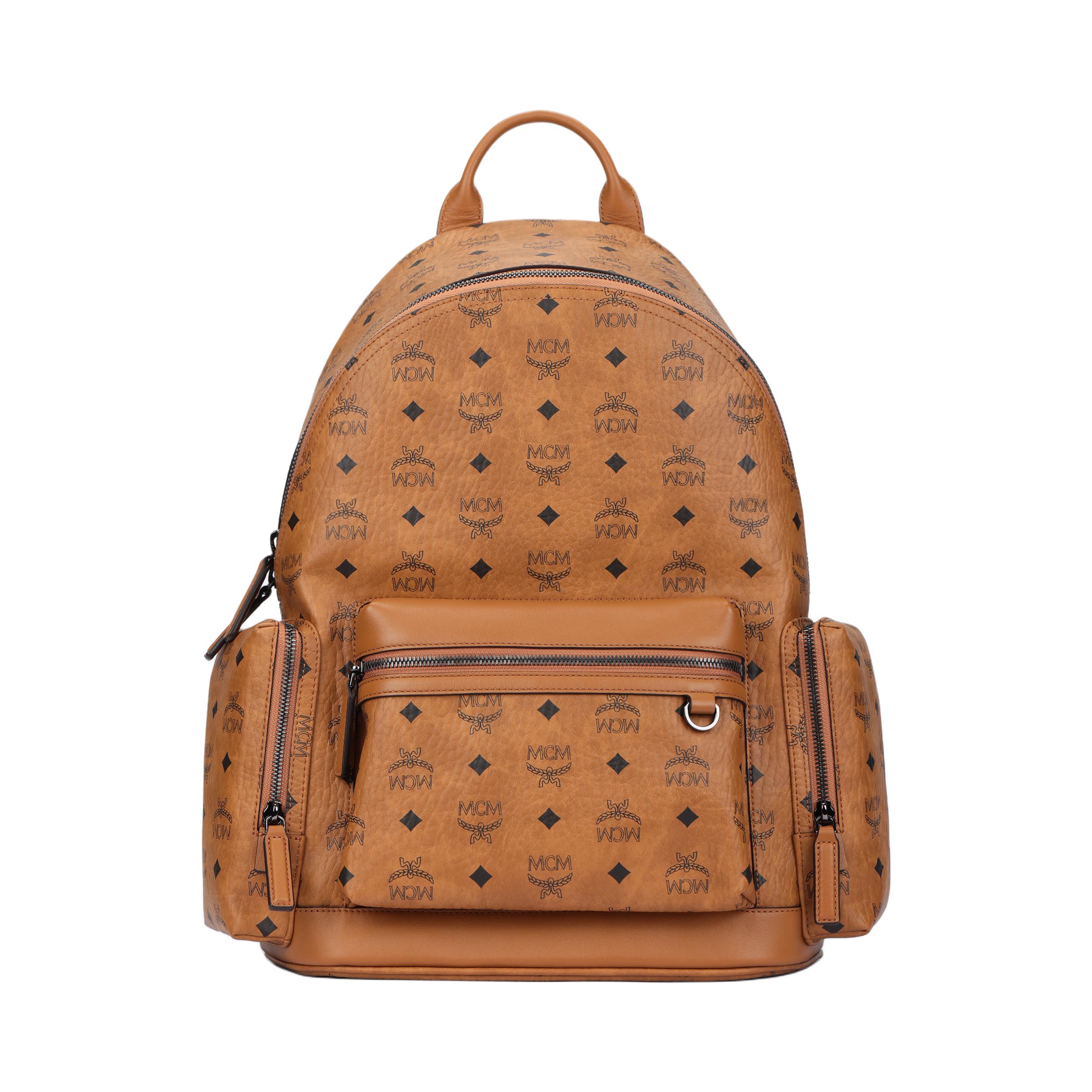MCM Stark Messing Metall Dekor Beschichtetes Canvas Und Leder Rucksack Damenrucksack Cognac-Brandy MMKFSVE05CO001 Basic Set (Bag+Dust Bag)