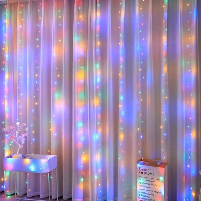 8 Farben Vorhang Girlande Led Lichterketten Festival Weihnachtsdekoration 8 Modi USB-Fernbedienung Ferien Lichterketten für Schlafzimmer Zuhause 3M(W)x1M(H) 100 LEDS bunt