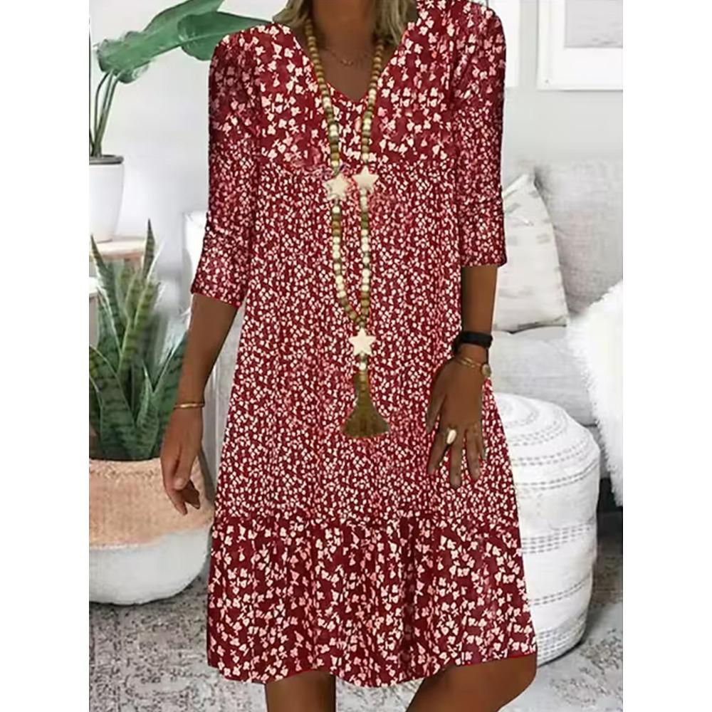 Damen Sommer Midi Kleid V-Ausschnitt Halbarm Knielange Kleider Lässig Blumendruck Boho Kleid 3XL rot