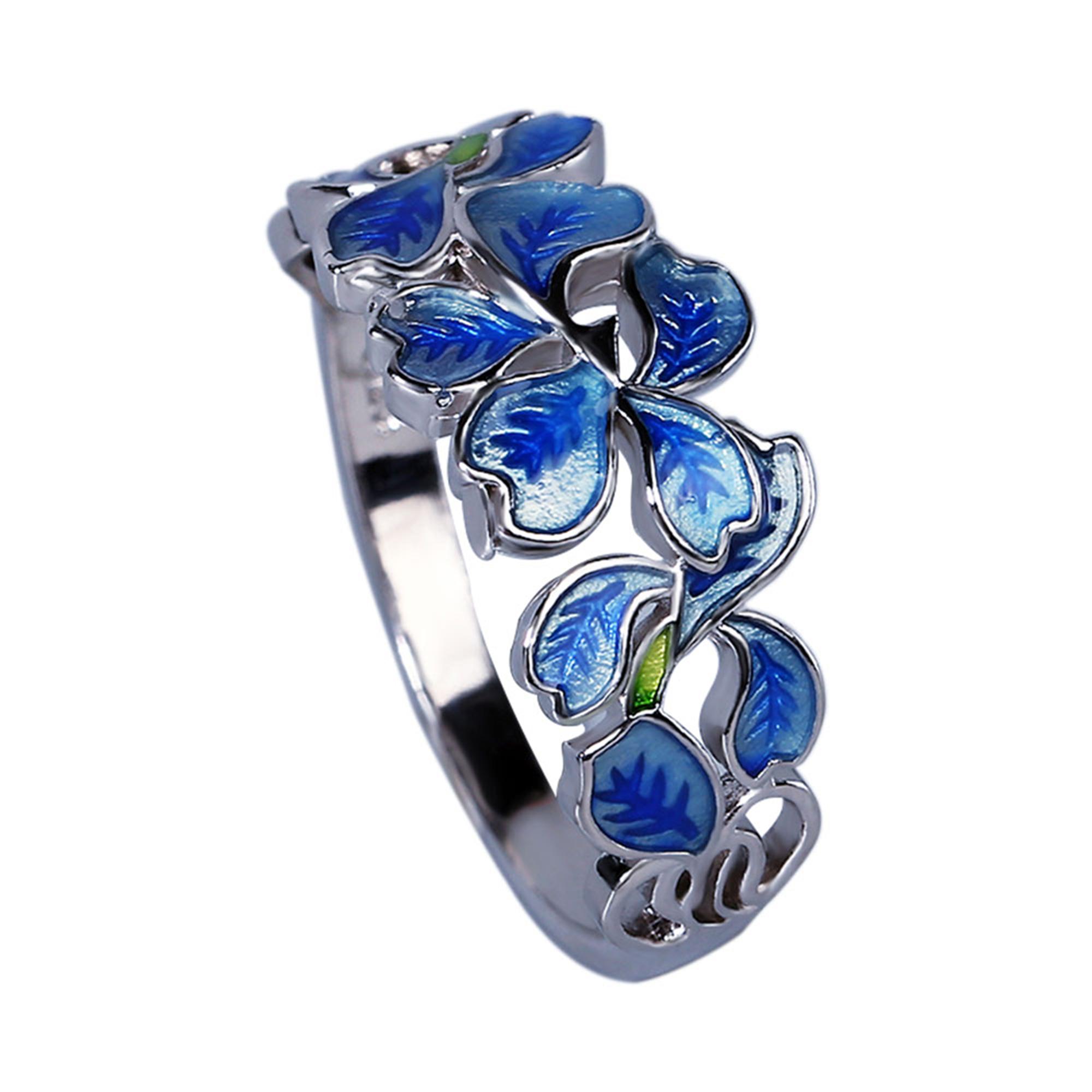 Exquisiter blauer Blumenring, eleganter blauer Blütenblattring, weißer CZ, Modeschmuck, handgefertigter Emaille-Schmuck 6