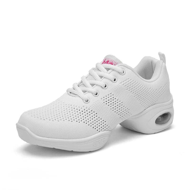 Leichte Beruf Tanzschuhe Frauen atmungsaktive Körbe moderne Jazz Casual Sneakers Damen rutschfeste Joggingschuhe mit mittlerem Absatz 35 weiß