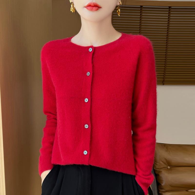 Damen Rundhals Strickjacke Qinghe Kaschmir 30% Kaschmir 70% Wolle Damen Herbst und Winter Kaschmir Strickjacke weich und warm XXL rot