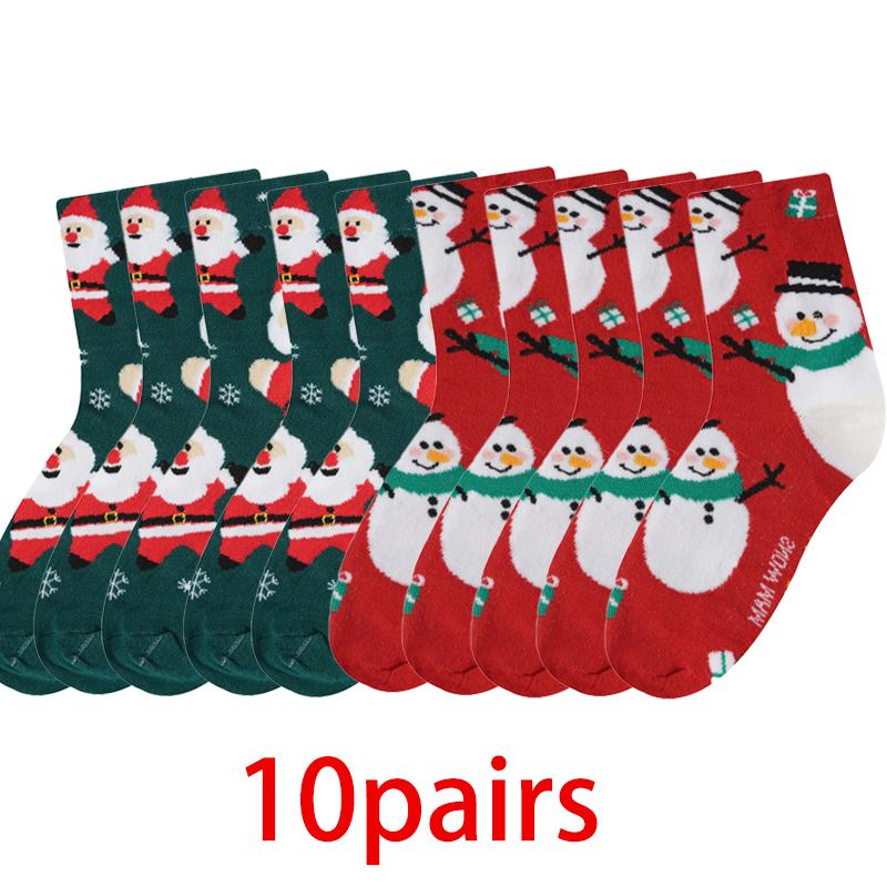 Herbst und Winter Warme Weihnachtssocken Schneemann Elch Lebkuchen Niedliche Cartoon Weihnachtsmann Mittelkalbsocken 10 PAIRS hellbraun