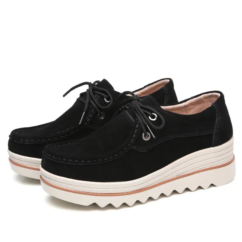 Mode Damen Schuhe Leder Schnürschuhe Sportschuhe Damen Dicke Sohle Erhöhte Damen Freizeitschuhe Zapatos De Mujer 42 schwarz