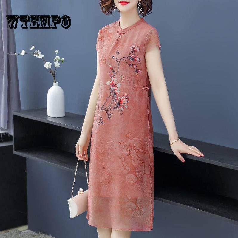 Besticktes, bedrucktes Cheongsam-Kleid für Damen, dünnes Kleid mit kurzen Ärmeln und Rundhalsausschnitt, Retro-Kleid im chinesischen Stil, Sommer XXXXL rosa