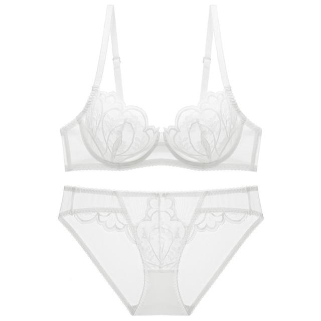 Sexy Blütenblattform, ultradünnes BH-Set, Push-up-Unterwäsche-Set, Stickerei-Büstenhalter, BH, Plus-Size-Spitzen-Dessous-Set 90C(40C) weiß