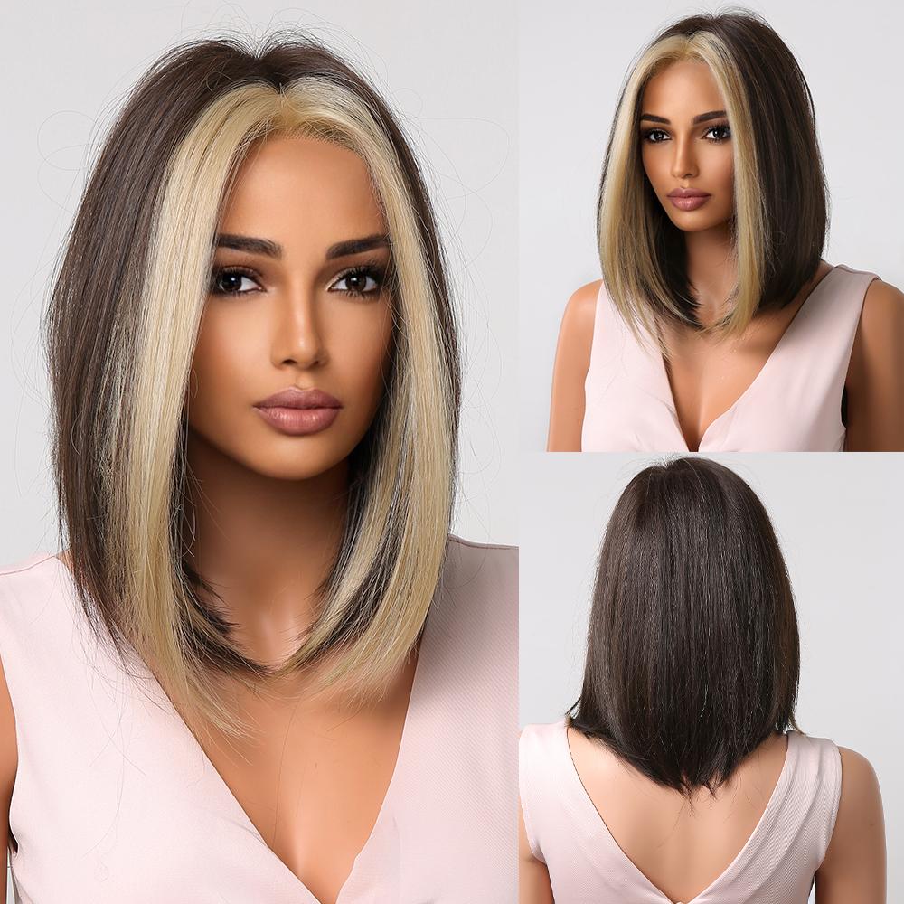 Kurze schwarze Bob-Synthetik-Perücken für Frauen, Mittelteil, glattes Haar, hitzebeständige Perücken, afrikanische Frauen, natürlich, für den täglichen Gebrauch auf Partys Wig-LC2004-1