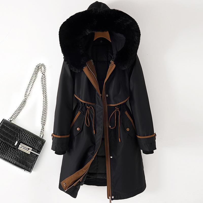 Faux Pelz Kragen Lange Jacken für Frauen Winter Neue Liner Abnehmbare Weibliche Gepolsterte Mantel Winter Koreanischen Stil Parkas Mit Kapuze 3XL schwarz
