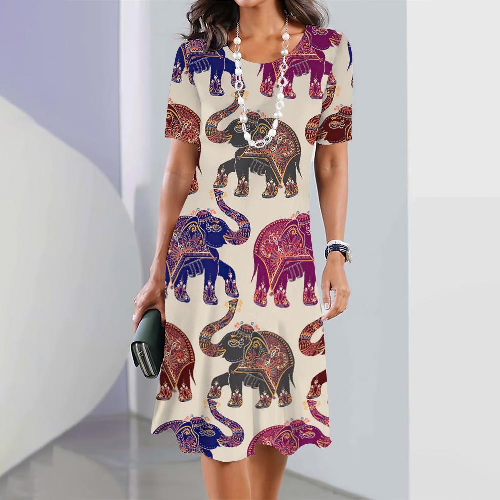 Neue Kleider mit Elefanten-Print für Damen, elegante Midi-Kleider, Sommerkleid mit kurzen Ärmeln, modische Übergröße M