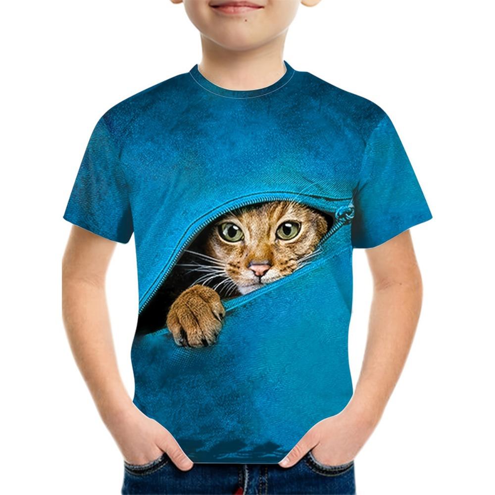 Jungen T-Shirt mit Reißverschluss und Katzen-Grafik für Kinder, modische Kurzarm-Oberteile, T-Shirt für Jungen und Mädchen, 3D-Druck, Sommer-Kinderkleidung 160