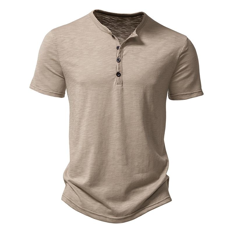 Henley-Kragen Sommer Herren Casual Einfarbig Kurzarm T-Shirt für Männer Polo Herren Baumwolle Herren T-Shirts US XXL(90-100KG) khaki