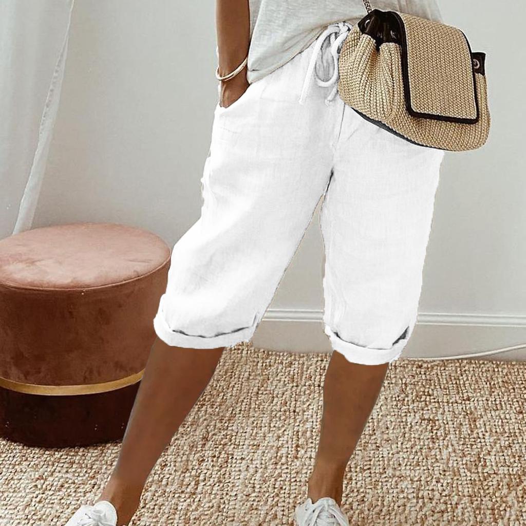 Damen-Shorts im Vintage-Stil, knielange Hose mit Taschen für Damen, atmungsaktive Hose mit elastischer Taille, einfarbig, fünf Hosen XL weiß