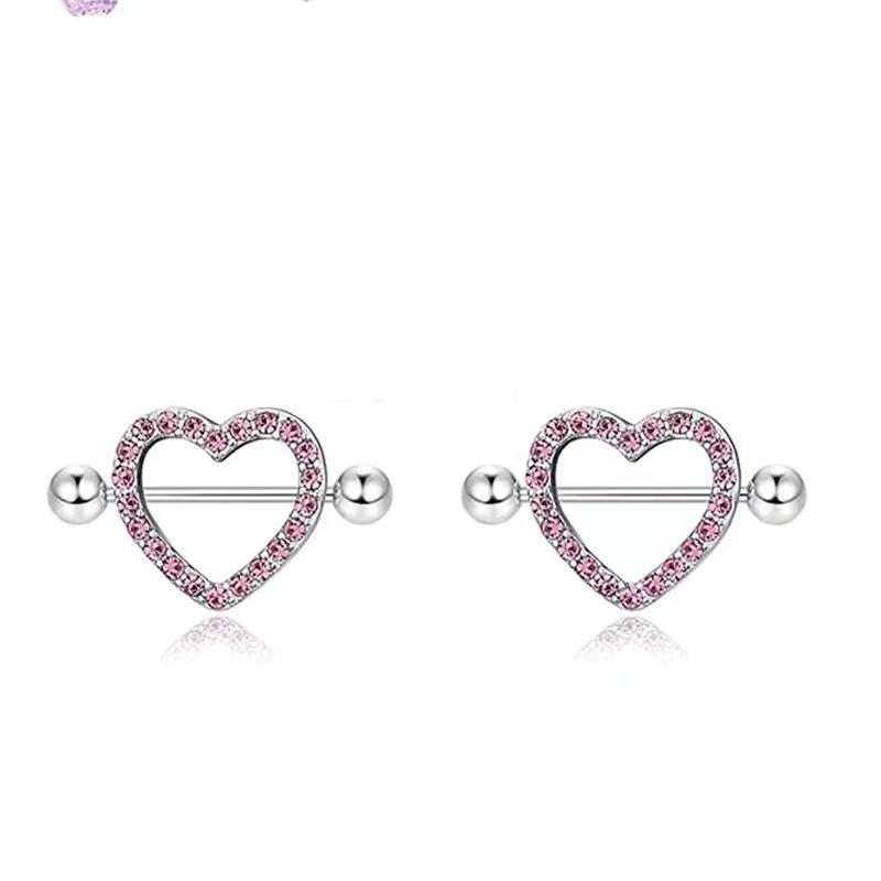 2 STÜCKE 14G Herz Strass Brustwarzenringe Schild Abdeckung Hantel Stahl für Frauen Brust Körperpiercings Zirkon