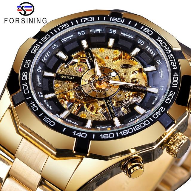 Forsining Edelstahl Wasserdicht Herren Skeleton Uhren Top Marke Luxus Transparente Mechanische Sport Männliche Armbanduhren gold